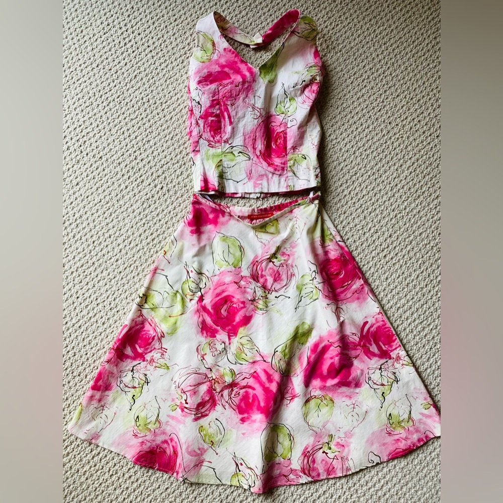 Backless floral print co-ord Tank Top Skirt cotton A-line set size XS Pink white